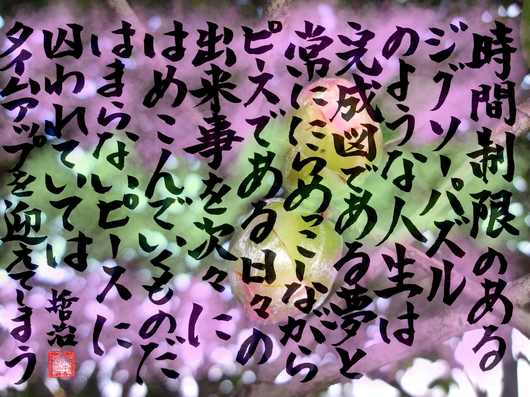 時間制限のあるジグソーパズルのような人生は、完成図である夢と常ににらめっこしながら、ピースである日々の出来事をはめこんでいくものだ。はまらないピースに囚われていては、タイムアップを迎えてしまう。